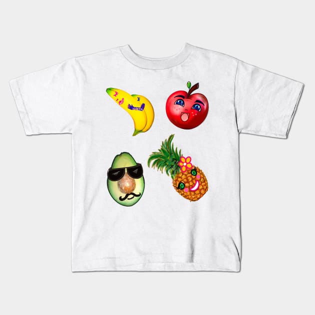 Happy little fruits, apple, banana, pineapple, avocado Kids T-Shirt by Artonmytee